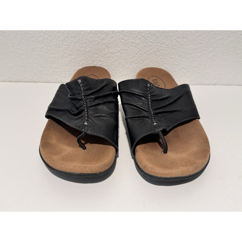 TAOS Gift 2 Ruched Leather Thong Sandal 9 Black Slip On Beach Vacation GT2-12045 - Picture 2 of 9